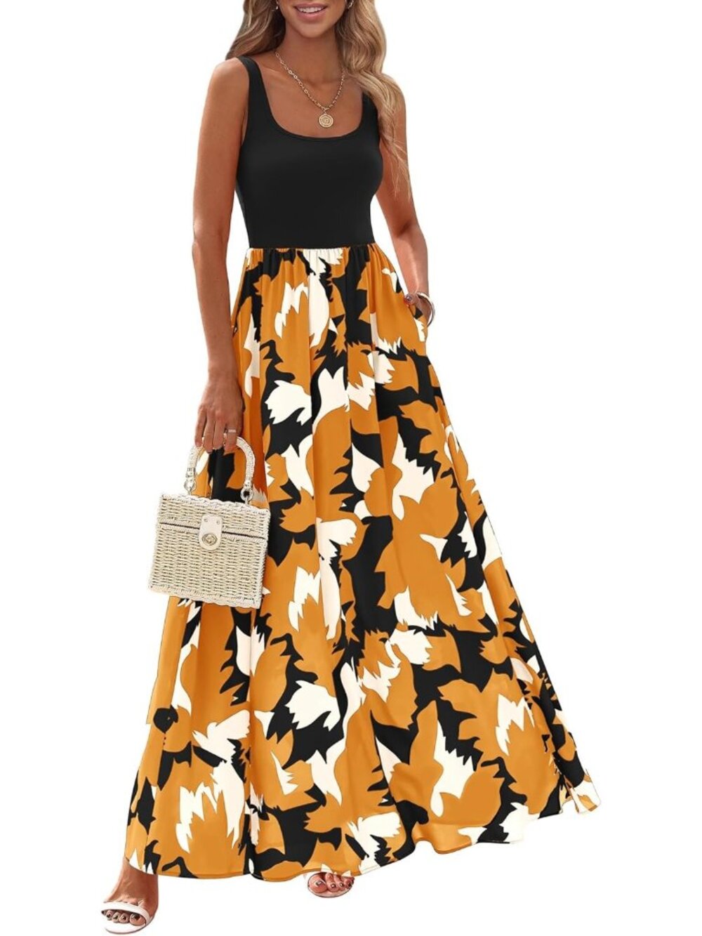 🆕Women's Brown Yellow Sleeveless Floral Maxi Scoop Neck Tank A Line Flowy Dress
